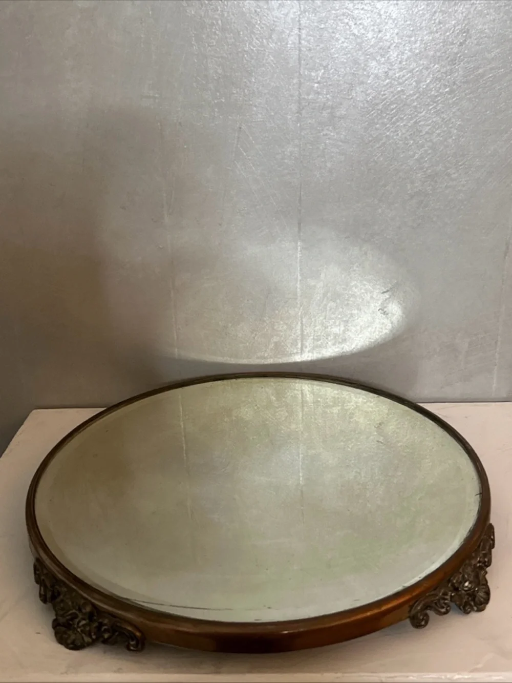 Antique COPPER Mirror Plateau with Raised Feet and Beveled Edge